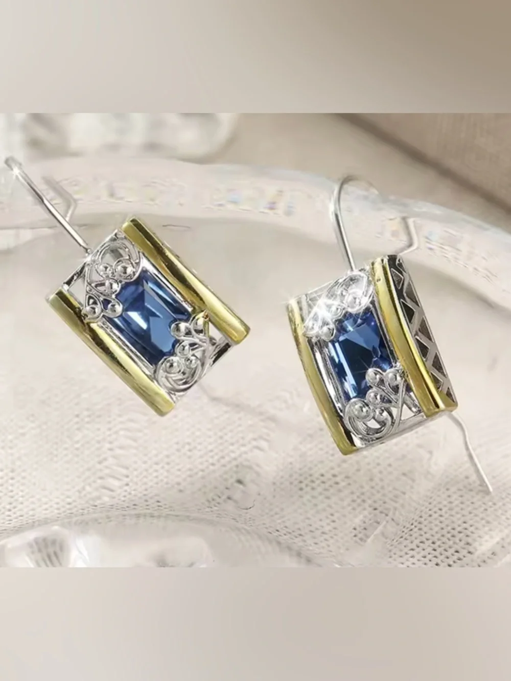 New .925 Silver & 18K Gold and Sapphire Earrings